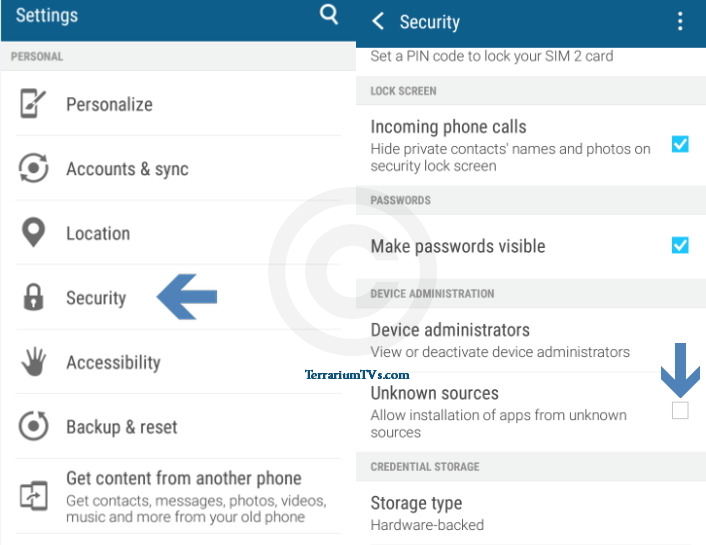 Settings & security path on Android